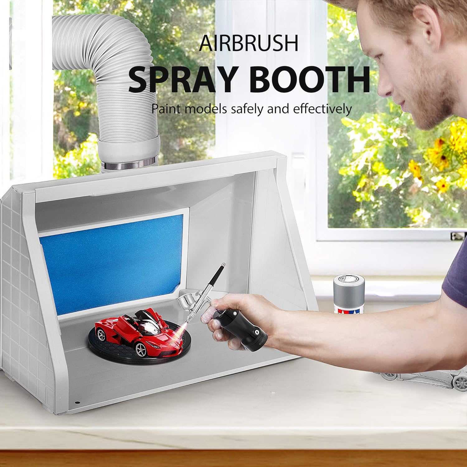VIVOHOME Dual Fans Portable Airbrush Paint Spray Booth Kit with LED Lights Turn Table and Filter Hose for Model Cake Craft Nail Toy Part Gray