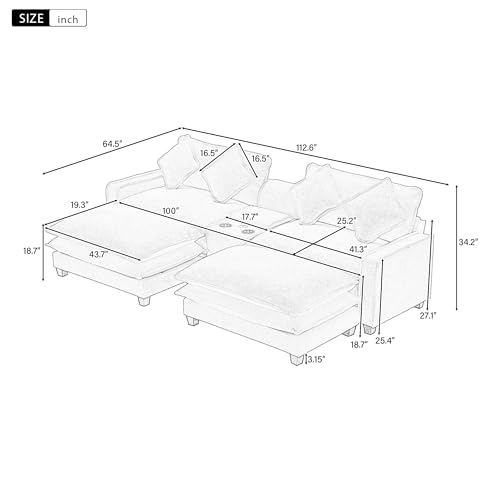 Sectional Couches for Living Room, Sectional Sofa Comfy Sofa Couch with 2 Removable Ottoman & 2 USB Ports, Built-in 2 Cup Holders and Storage Box, 2-Seat Small Couches for Bedroom, Apartments, Beige