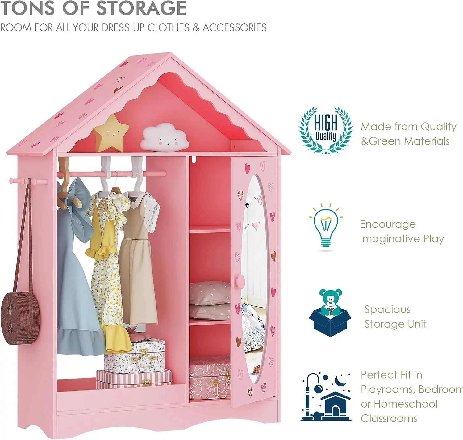 UTEX Kids Dress Up Storage with Mirror, Kids Wardrobe Closet, Dress Up Armoire for Little Girls, Open Hanging Kids Costume Organizer with 3 Adjustable Shelves for Bedroom, Playroom
