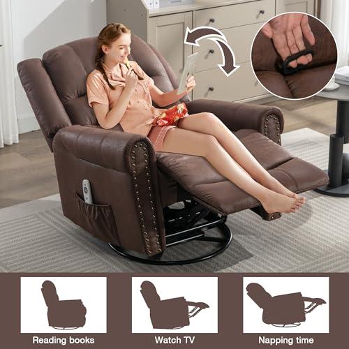 Swivel Rocker Recliner, Leather Recliner Chair with Massage & Heating Function, Manual Recliner Chair with Swivel & Rocking and Reclining, Extra Wide Recliner with Pocket and Nailhead Decor (Brown)