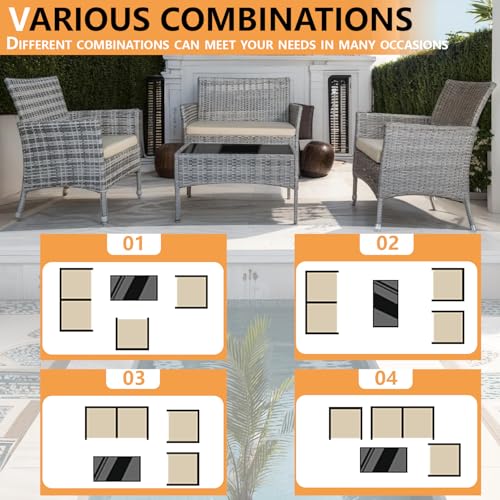 Patio Furniture Set 4 Pieces,Rattan Wicker Double Sofa, Coffee Table,Conversation Outdoor Sets, with Coffee Table and Soft Cushions, Garden Balcony Backyard Lounge Chairs (Black+Khaki Cusion)