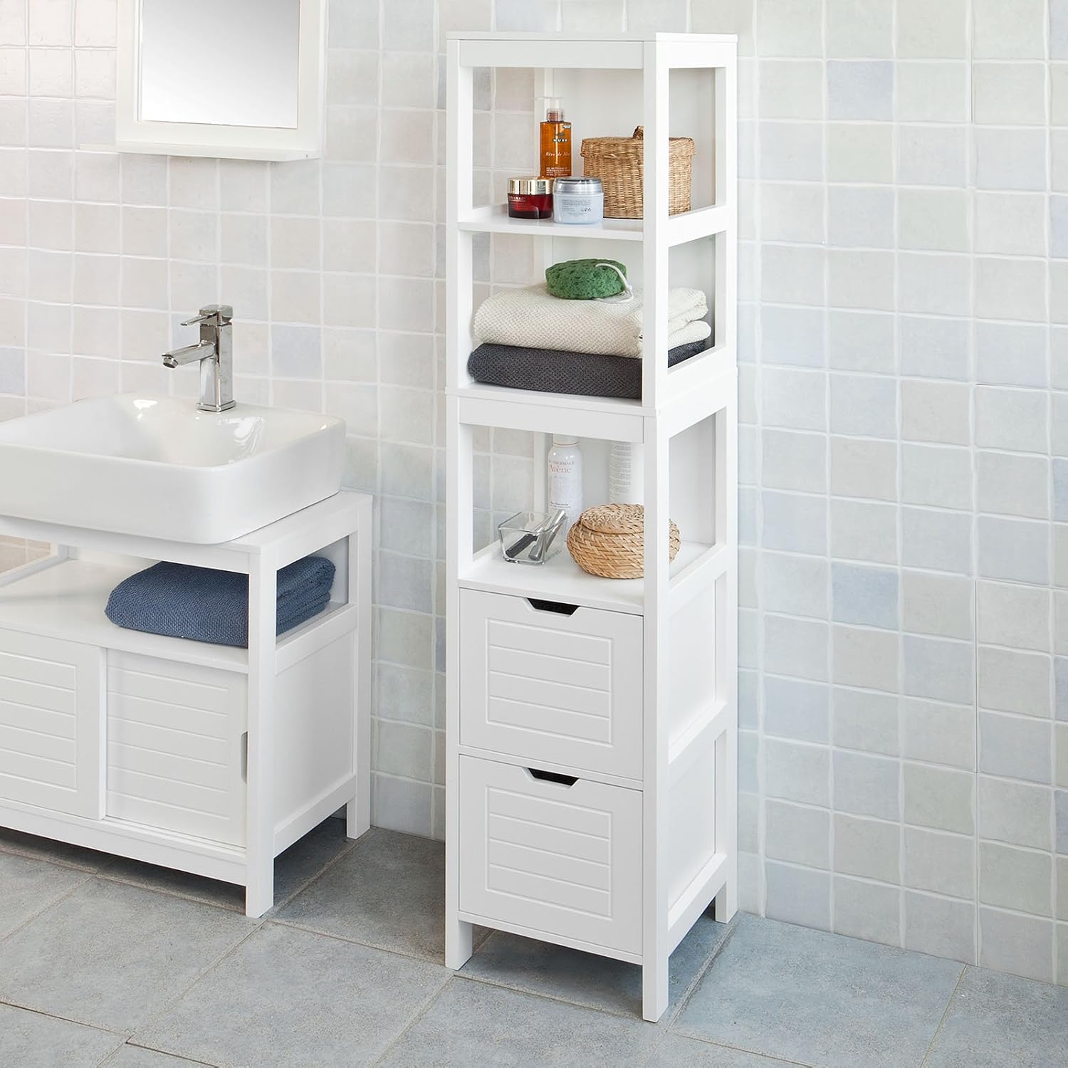 Haotian FRG126-W, White Floor Standing Tall Bathroom Storage Cabinet with Shelves and Door, Linen Tower Bath Cabinet, Cabinet with Shelf