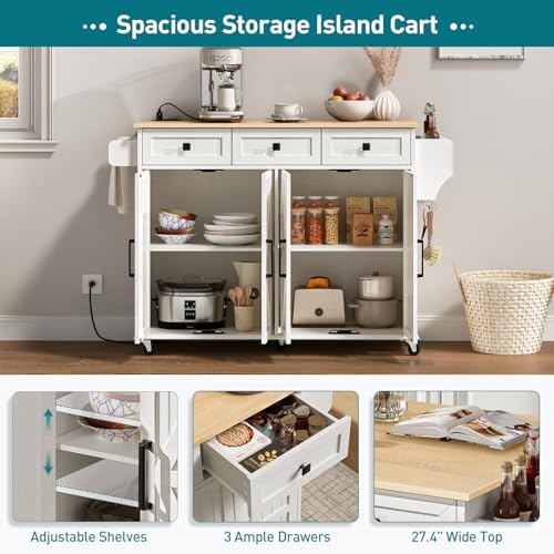 Kitchen Island with Drop Leaf, Kitchen Cart with Charging Station, Kitchen Table with Storage, Rolling Island Table with 3 Drawers, Towel Rack and Spice Rack, White and Walnut