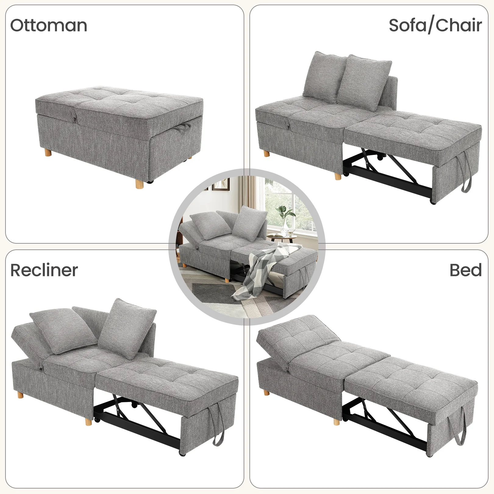 SEJOV Convertible Sofa Bed 4-in-1 Sofa Beds Chair 3-Seat Futon Sofa, Linen Sleep Bed Couch with 5 Adjustable Backrest and Pillows,Living Room Furniture for Apartment Living Room Office，Gray