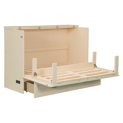 Full Size Murphy Bed Cabinet, Solid Wood Murphy Bed with Charging Station and Large Storage Drawer, Wall Mounted Foldable Platform Bed, Space Saving for Guest Room, Office, Gray