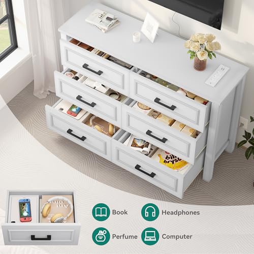YITAHOME 6-Drawer Dresser with Built-in Power Outlet, Wood Dresser TV Stand with 6 Large Drawers and Bar Handles, White Dresser Chest of Drawers for Living Room, Hallway, Entryway