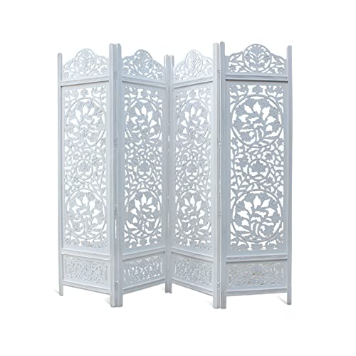 Room Divider Wood Screen - Ghanti Bells Antique Brown - 4 Panel Folding 72 x 80 - Assembled Hand Carved Decorative Functional Versatile Portable Partition Reversible Privacy Boho - COTTON CRAFT