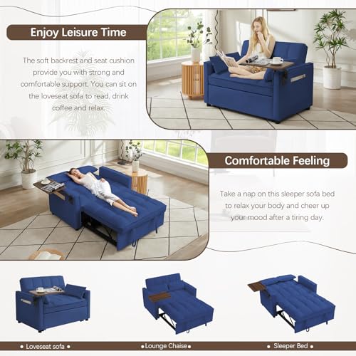 3 in 1 Sleeper Sofa Bed,47" Velvet Futon Tufted Pull Out Couch Bed,2 Seater Loveseat Chaise Lounge with Reclining Adjustable Backrest&Table for Living Room,Apartment,Office,Small Space(Beige)