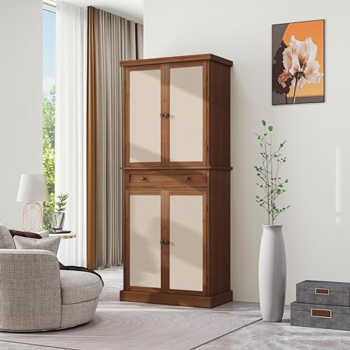 Kitchen Pantry Storage Cabinet, Tall Cabinet with 4 Rattan Doors and 1 Drawers, Freestanding Cupboard with Adjustable Shelves, Utility Pantry for Kitchen, Dining Room (Walnut)