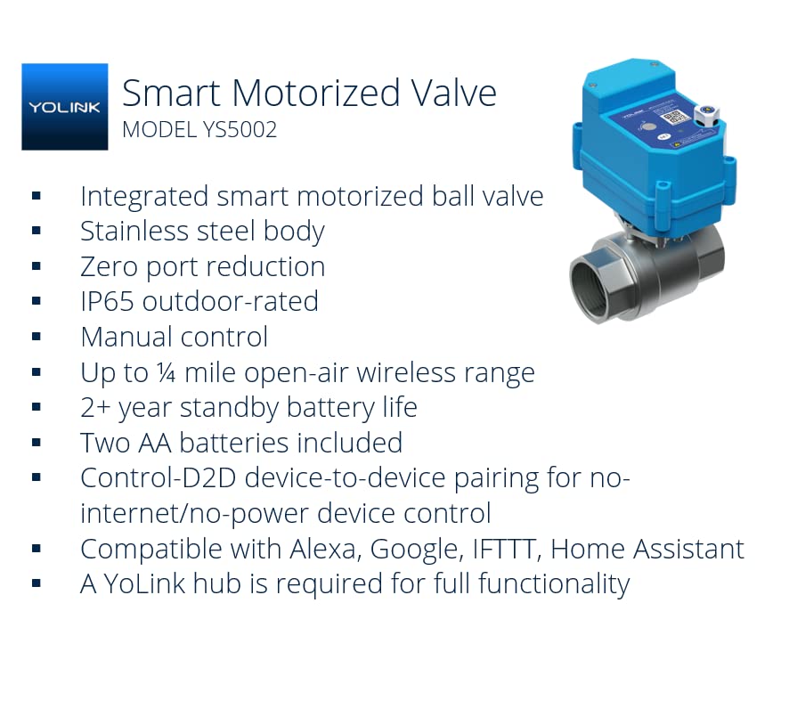 YOLINK LoRa Smart Water Leak Protection System, w/Commercial Grade Smart Motorized Stainless Steel Valve, (3) Water Leak Sensors, Hub: Up to 1/4-Mile Range, IFTTT, Alexa, Home Assistant