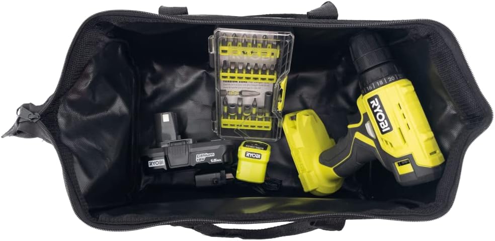 Cordless Drill Set Bundle with Ryobi 18V ONE+ Drill Driver, 3/8 Inch Chuck, 40 Piece Drill Bit Set, 1.5 Ah 18-Volt Lithium-ion Battery, 18-Volt Charger and Buho 16 Inch Tool Bag