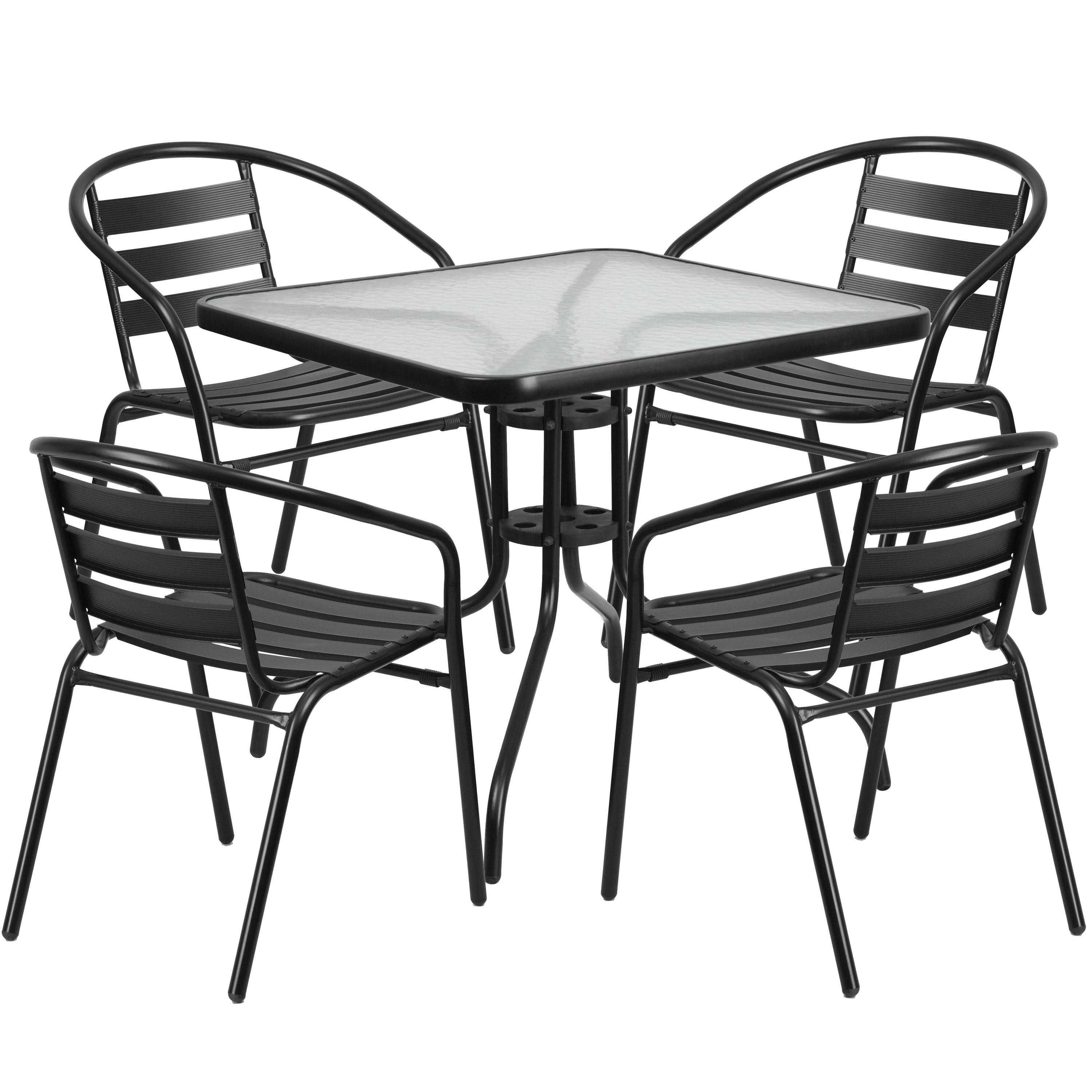 Lancaster Home 31.5-inch Square Glass Metal Table with 4 Metal Aluminum Slat Stack Chairs, Black