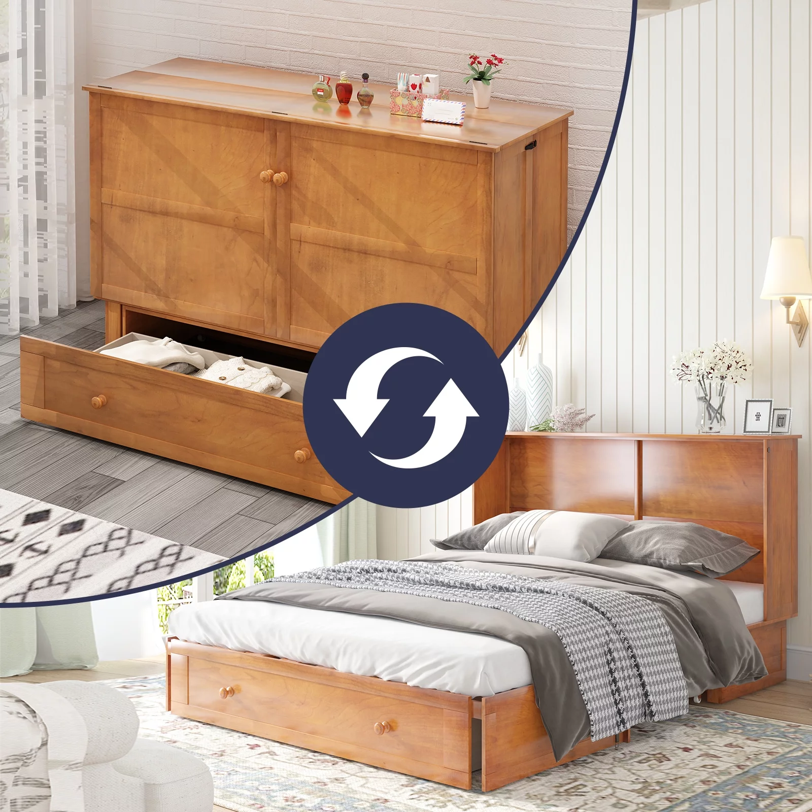 ZAFLY Murphy Bed with Trifold Foam Mattress, Cabinet Bed has USB Charging Station, Queen Size Cabinet Chest Bed with Large Drawers for Living Room/Bedroom (Cherry)