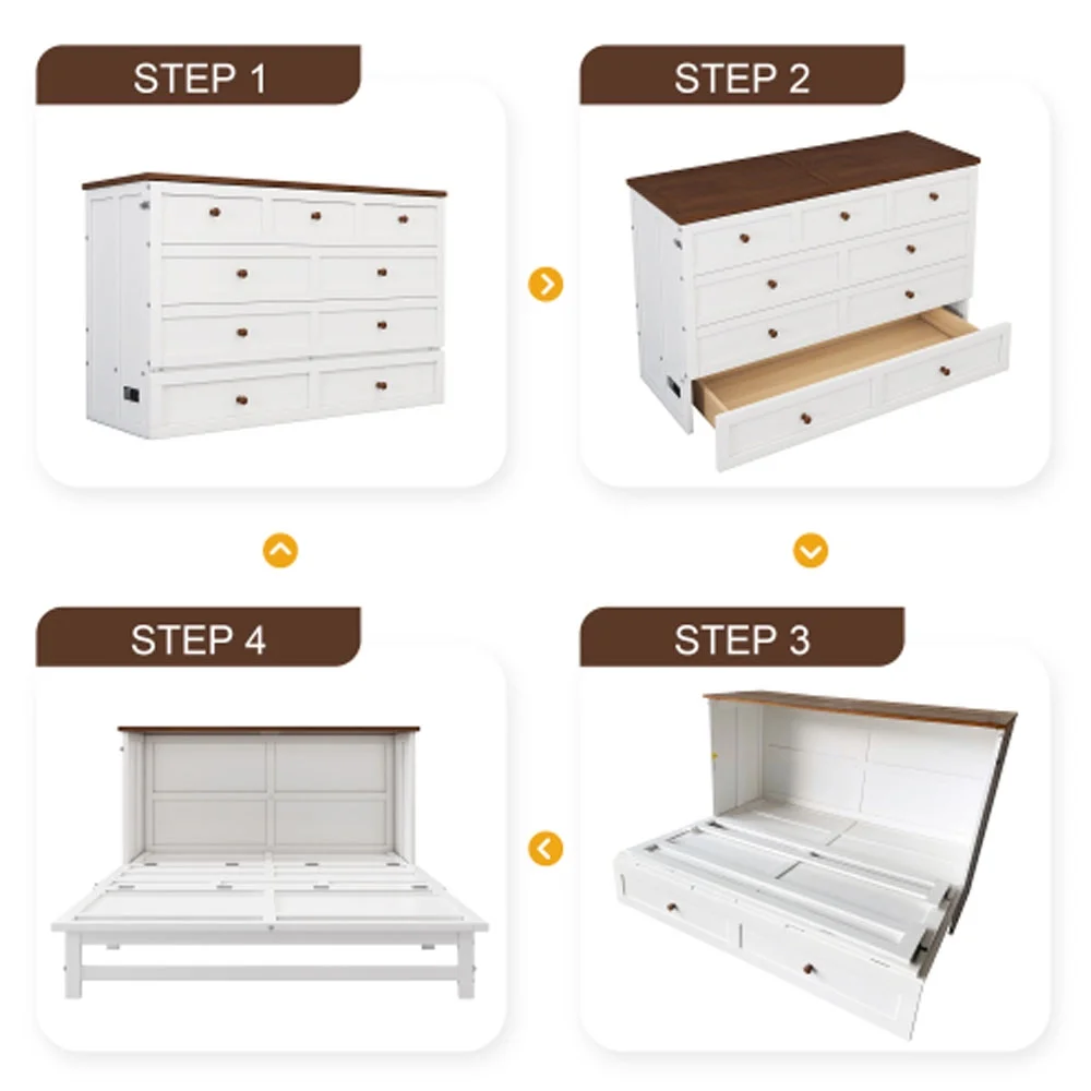 2 Pieces Wooden Bedroom Set Queen Murphy Bed and Nightstand, White+Walnut