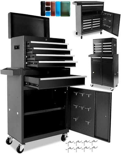 Heavy-Duty 7-Drawer Rolling Tool Chest with Wheels, Steel Tool Storage Cabinet with Lock & Liner for Workshop for Workshop/Garage - Includes 7 Organizer Boxes, Black