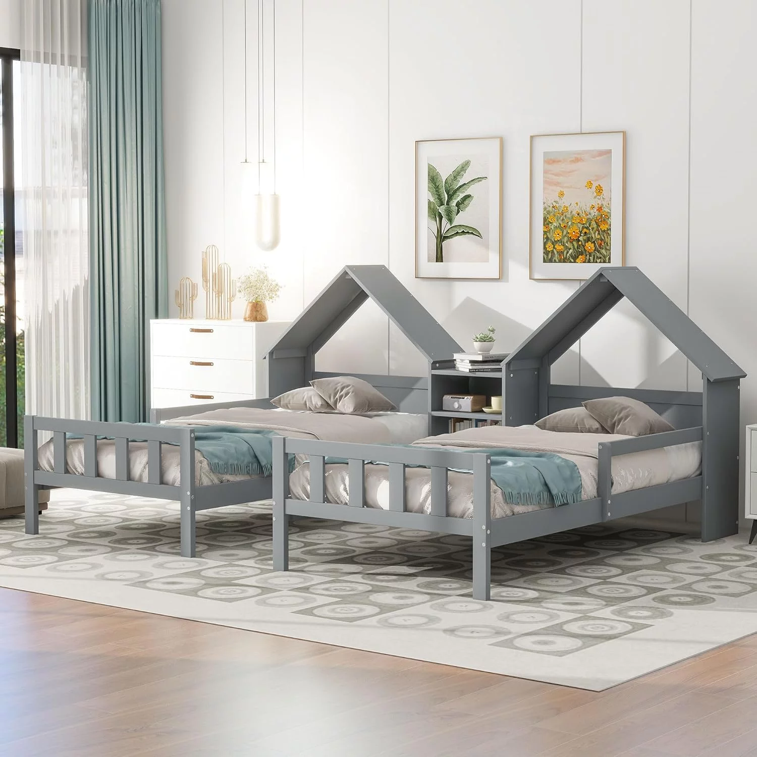 Double Size Platform Bed, Shared Bed Frame With House-Shaped Headboard And A Built-In Nightstand,Grey