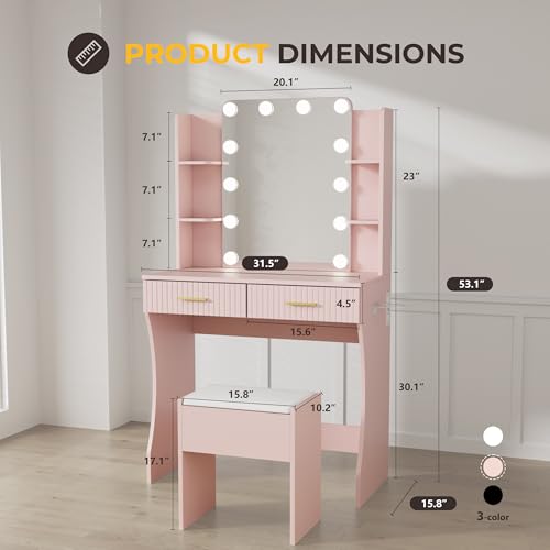 Vanity Desk with LED Lighted Mirror, Makeup Vanity with 3 Adjustable Lights, 2 Large Drawers and 4 Open Shelves, White Vanity with Storage Stool for Bedroom