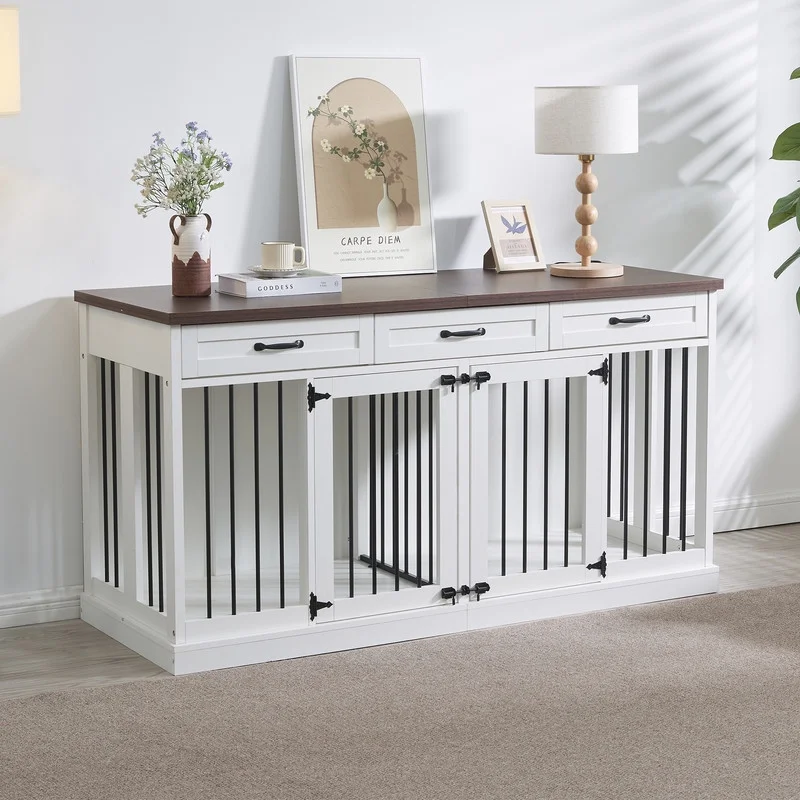 63'' Dog Crate Furniture, Furniture Style Dog Crate Table with 3 Drawers and Removable Divider, Heavy Duty Wooden Dog Kennel for 2 Medium Small Dogs，White - Curated Treasures Market