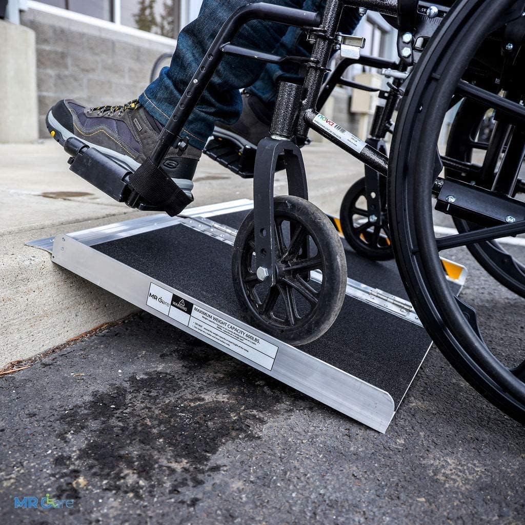 MR CARE Portable Wheelchair Ramp | Lightweight Foldable Ramps for Wheelchairs with Handle | Featuring Unique Yellow Reflective Caution Stickers | Perfect Wheel Chair Ramp for Home Steps (2FT)