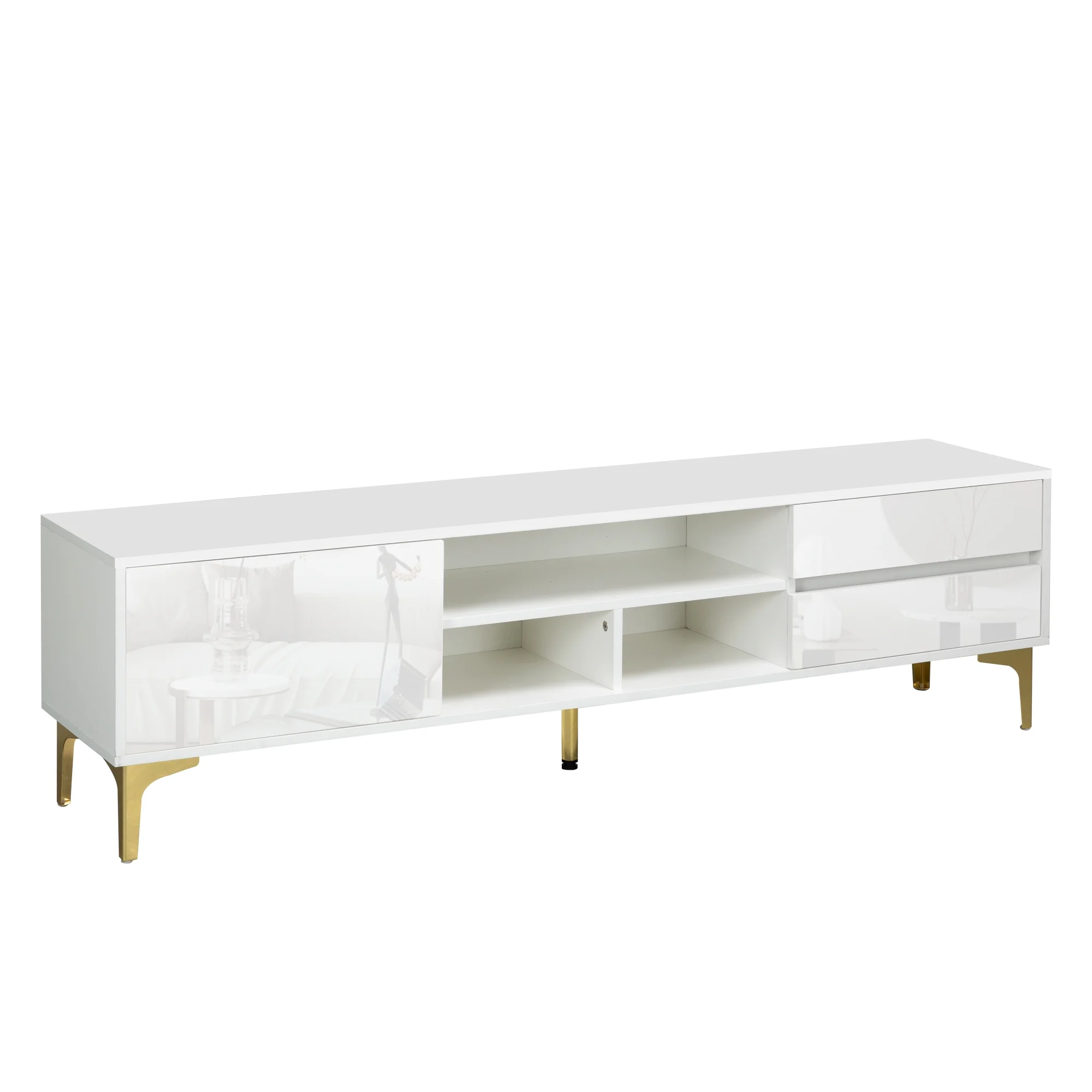 TV Stand,TV Cabinet,Entertainment Center,TV Console,Media Console,With LED Remote Control Lights,Uv Bloom Drawer Panel,Gold Metal Table Legs, Can Be Placed in The Living Room, Bedroom, White