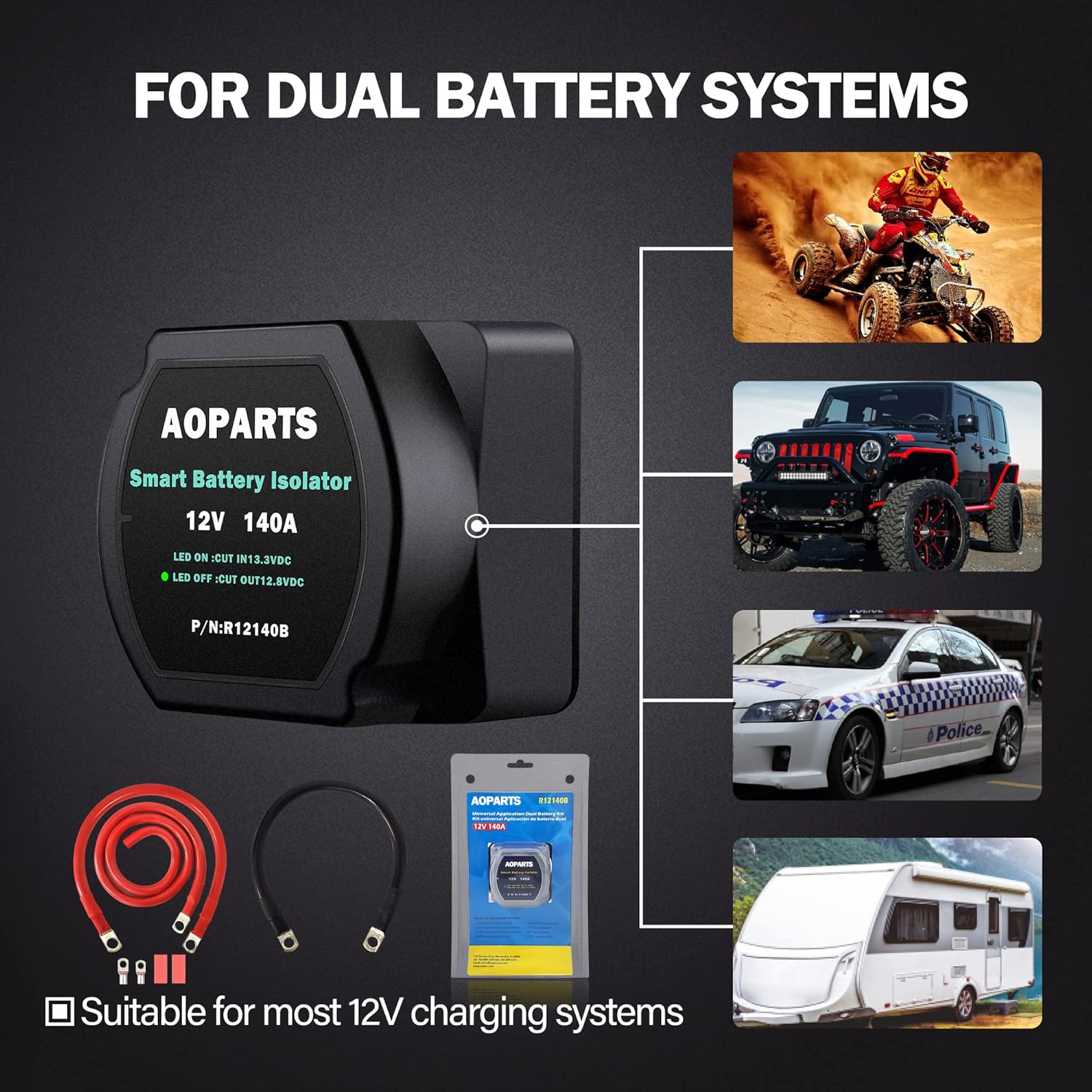 Smart Dual Battery Isolator,12V 300Amp Voltage Sensitive Relay, 5 Year Warranty Battery Isolator Fits ATV UTV 4WD RZR RV Car Watercraft Marine Boat Truck Caravan Camping (R12300B)