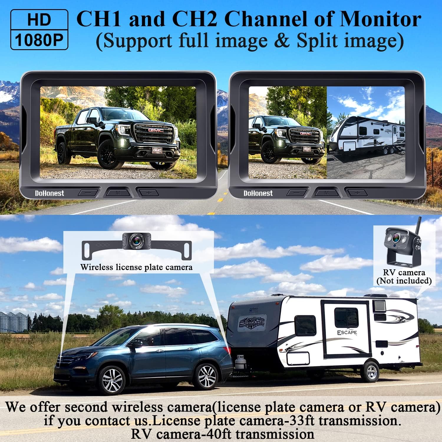 Wireless Backup Camera for Car with 5 Monitor, HD 1080P No Delay Bluetooth Backup Camera System for Truck Pickup Minivan Support Add Second RV Camera DIY Installation to Avoid Drill Hole -DoHonest S4