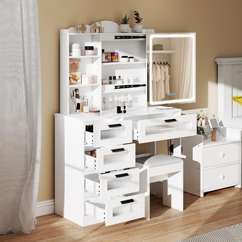Vanity Desk with Mirror and Lights, RGB LED Makeup Vanity Desk with Charging Station, Vanity Table with Stool & Sliding Touch Mirror, Girls Vanity Set with 5 Drawers (White)
