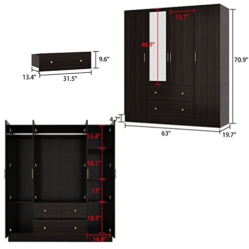 FAMAPY 4-Door Wardrobe Closet with Mirror, Armoires and Wardrobes with Drawers and Shelves, Armoire Wardrobe Closet with Hanging Rod, White (63”W x 19.7”D x 70.9”H)