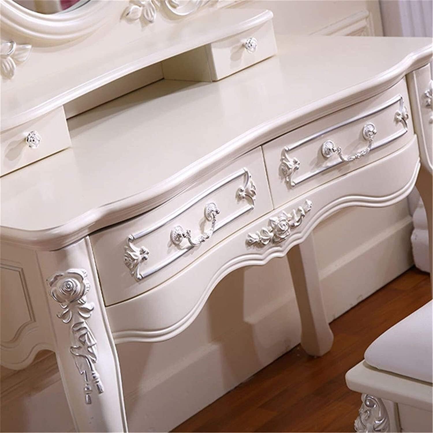 Luxury Dressing Vanity Table w/Stool for Bedroom, 2 in 1 Makeup Vanity Desk European Style Dressing Table Solid Wood Small Apartment Mini Carved