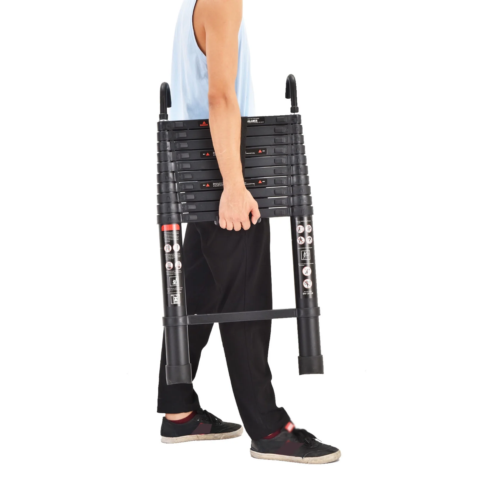 10.5ft Aluminum Extension Ladder Adjustable Height with Detachable Hooks Folding Telescoping Ladder 330LB Max Load Capacity EN131 with Anti-Slip Rubber Feet, Portable Home Office RV Ladder