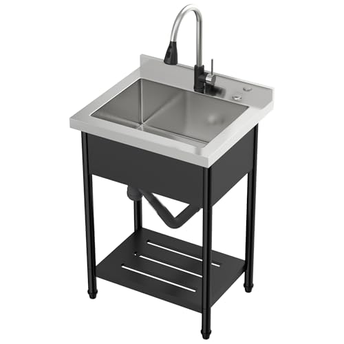 Lordear Stainless Steel Utility Sink 24 Inch - 24"x21" Freestanding Stainless Steel Kitchen Sink Single Bowl Commercial and Residential Use for Laundry Room Garage Outdoor and Kitchen