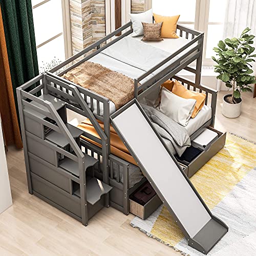 Harper & Bright Designs Twin Over Full Bunk Bed with Stairs and Slide, Multifunction Wood Bunk Bed with Storage Drawers, Gray