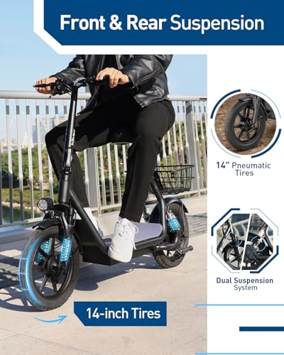 Hiboy Q2 Electric Scooter with Seat for Adults, 500W Peak Motor, 20MPH, 22 Miles Range, Foldable, Dual Suspension, Front & Rear Drum Brakes, Commuter E Scooter with Basket & Phone Holder