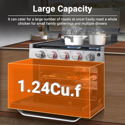 AMZCHEF 21 Inch RV Gas Range Stove 12V. Gas Range Oven for RV Use with 3 Burners, 1.77 Cu.Ft. Capacity Gas Oven, 28,100BTU, Open Flame Configuration, Knob work indicator, Heavy Duty Cast Iron Grates