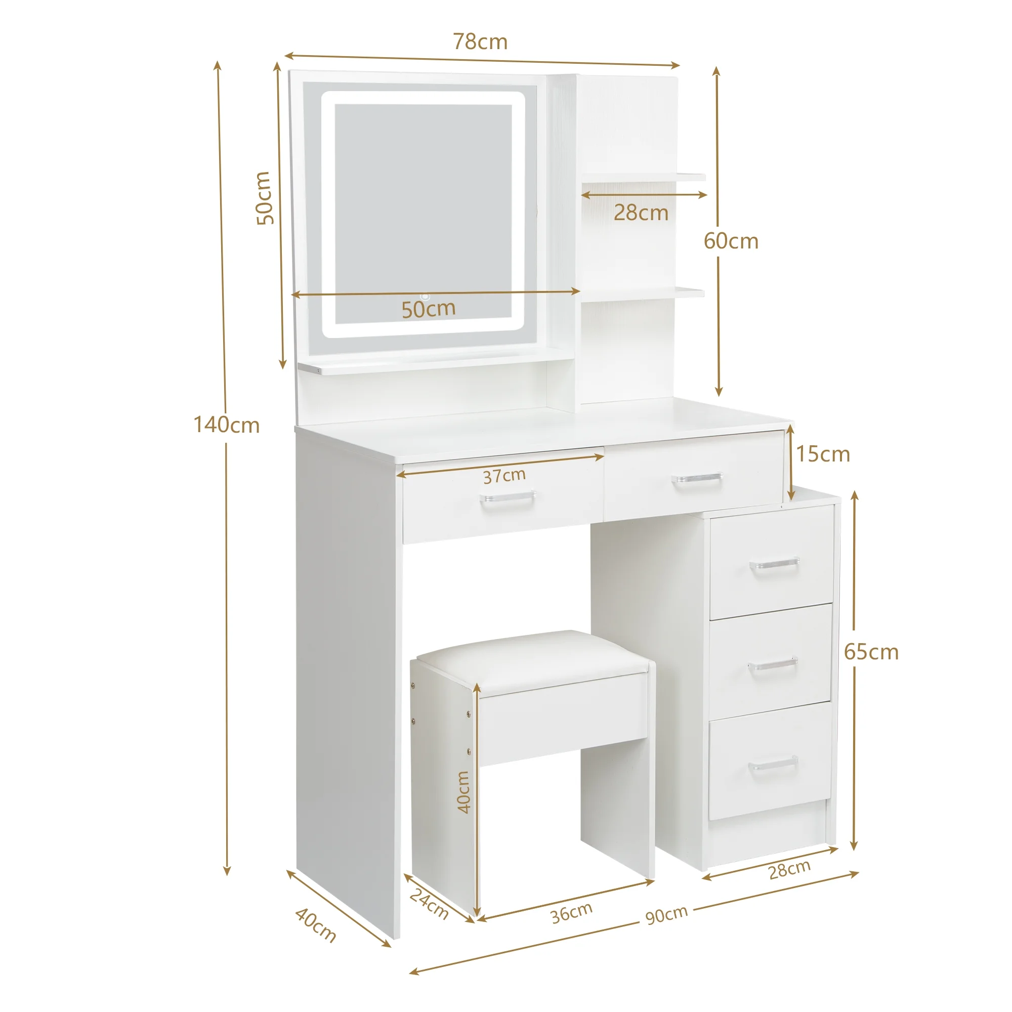 JBLCC Vanity Set with LED Lighted Mirror, Makeup Vanity Desk with Drawers and Shelves, Dressing Table with Stool, White Vanity for Girls Bedroom