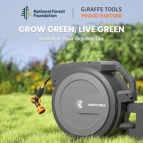 Giraffe Tools Hose Reel 1/2‘’ 78ft, Heavy Duty Retractable Garden Hose Reel with Any Length Lock, Slow Return System, Wall Mounted and 180 Deg Swivel Bracket