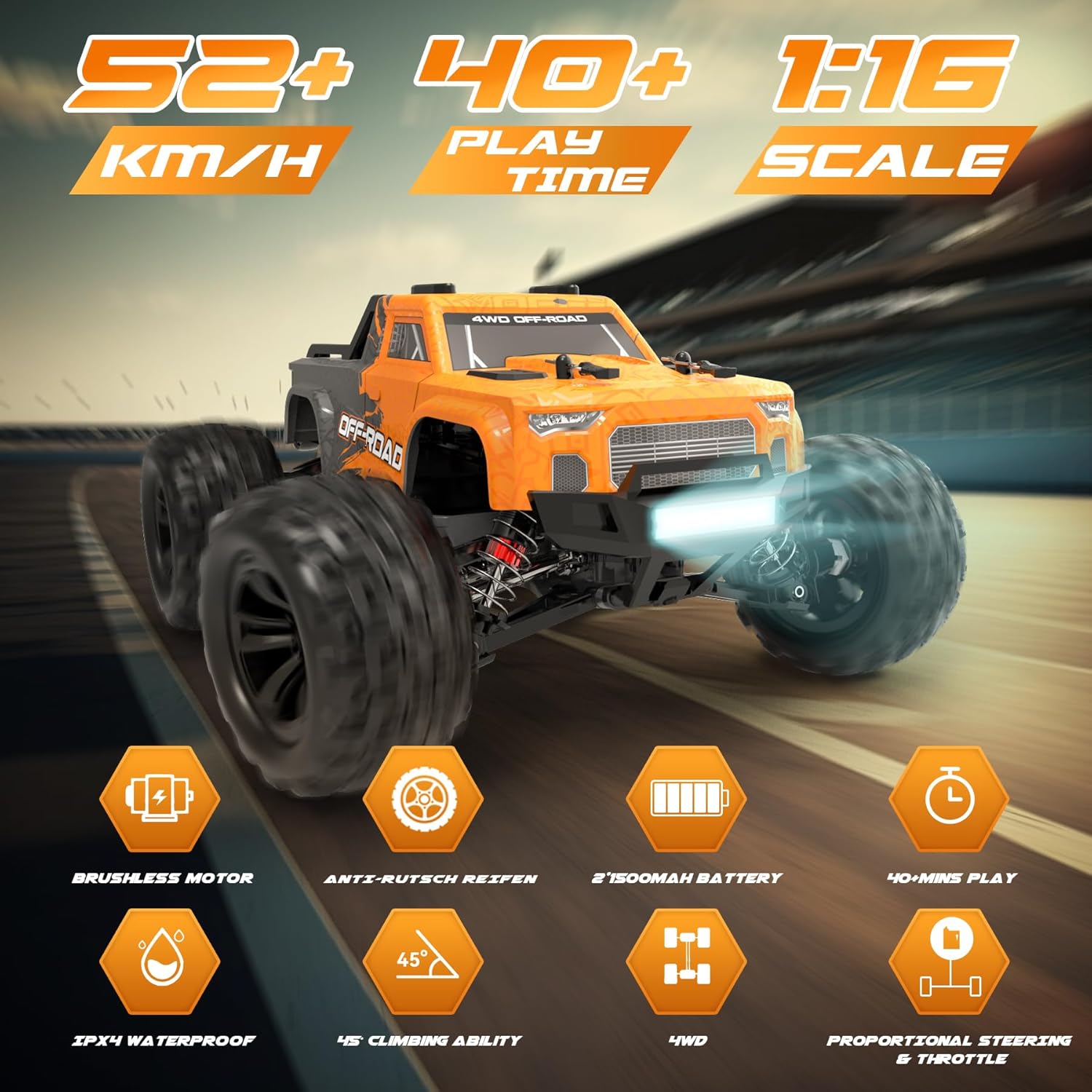 Hosim 1:16 RC Car 36+KMH, 1:16 Brushless RC Car 52+KMH High Speed 4X4 All Terrains Waterproof Off Road Hobby Grade Large Fast Racing Buggy Toy Gift Monster Trucks for Boys Kids