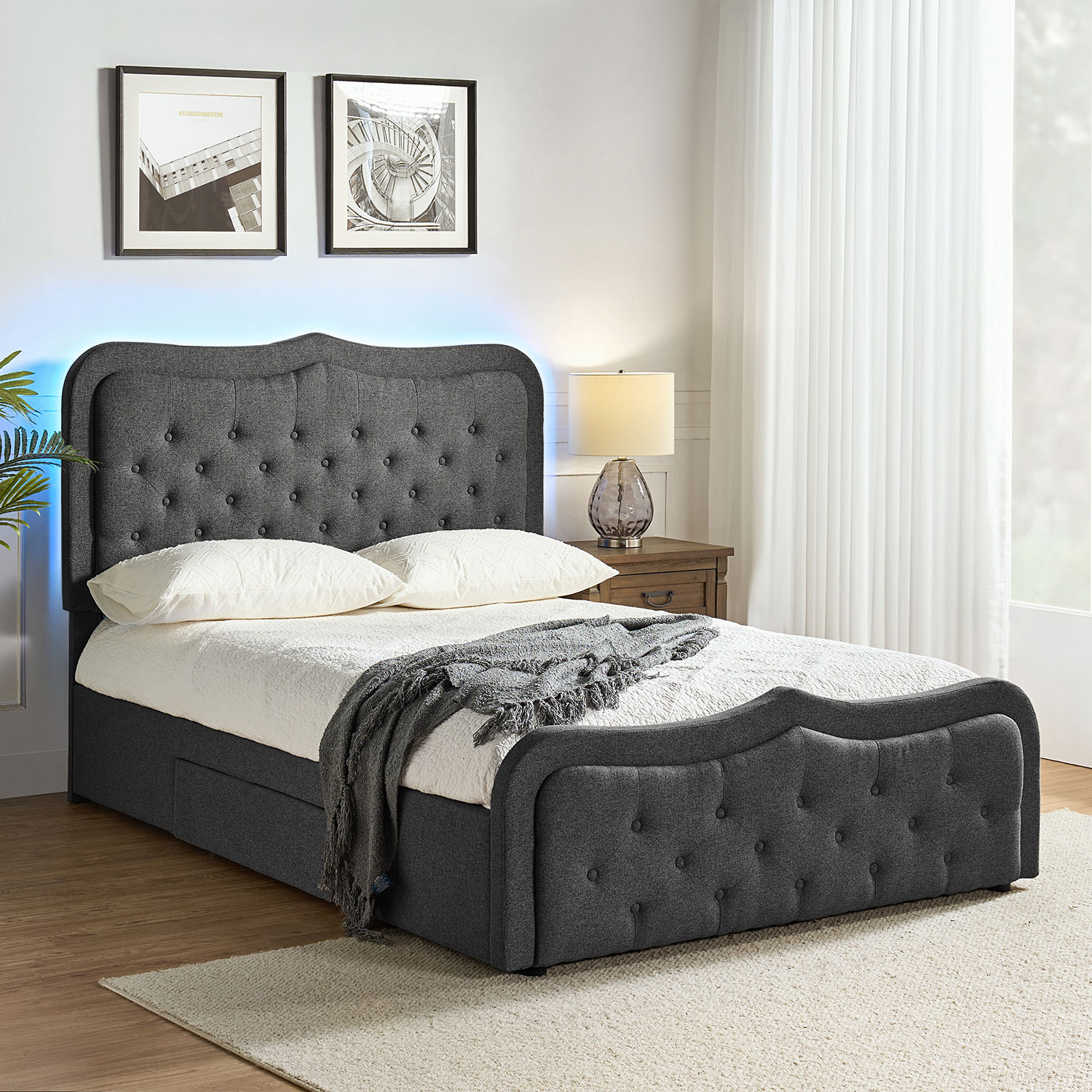 Modern King Platform Bed Frame with 7 Color LED Lights Button Adjustable Tufted Upholstered Headboard Storage Drawers Footboard Charcoal