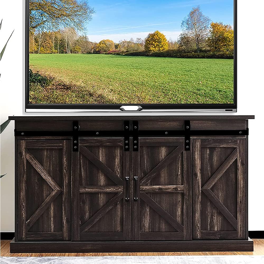 TURBRO Fireside Sliding Barn Door TV Stand, Supports TVs up to 65, Farmhouse Style Entertainment Center with Cable Management and Adjustable Shelves for Living Room, Espresso (TV Stand Only)