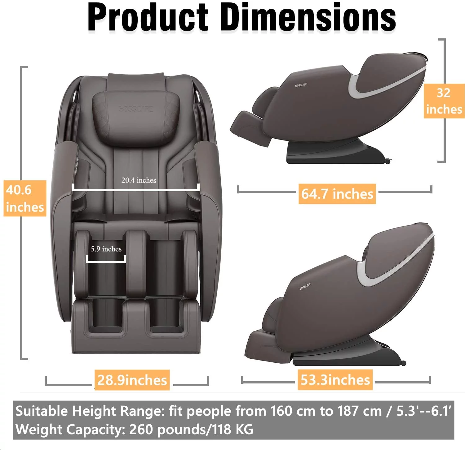 BOSSCARE Massage Chair Zero Gravity Full Body with Airbag Massage Black