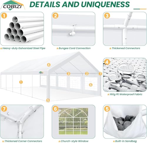 COBIZI 20x40 Party Tent Heavy Duty, Galvanized Wedding Tent, Event Shelter for Parties, Outdoor with Removable Sidewall & Built-in Sandbag, Carpas para Fiestas, Large Canopy, Waterproof, White