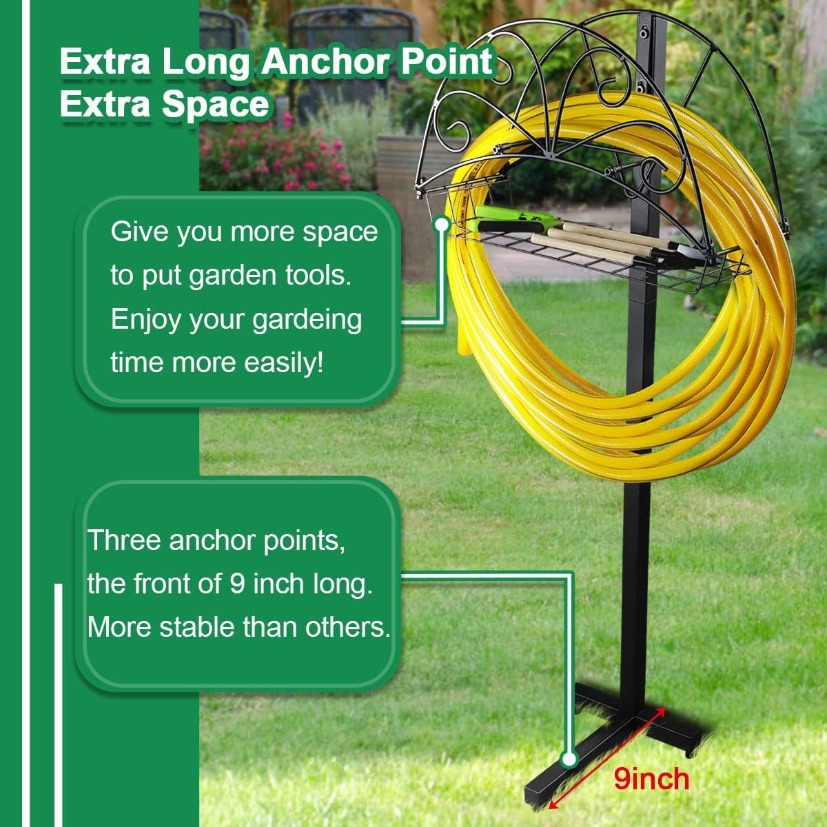 Gardguard Garden Hose Holder Freestanding - Water Hose Stand Hanger with Extra Basket and Large Capacity, Outdoor Detachable Heavy Duty Metal Hose Rack for Outside Garden, Yard, Lawn