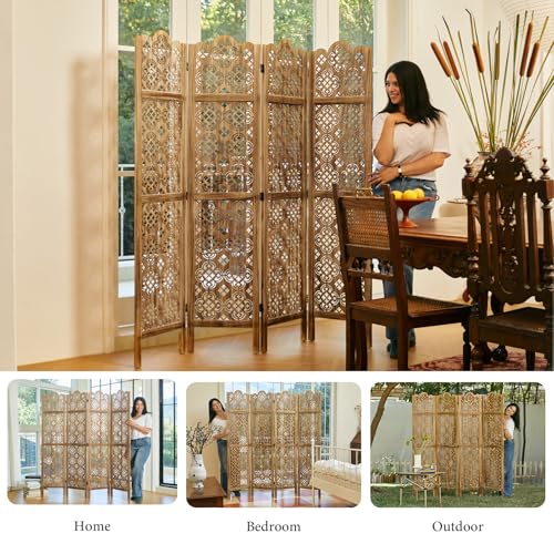 5.75Ft Room Divider Wood Carved Wall Divider Indoor Folding Portable Partition Screen for Home Office Garden Terrace - 4 Panel (Antique Brown)
