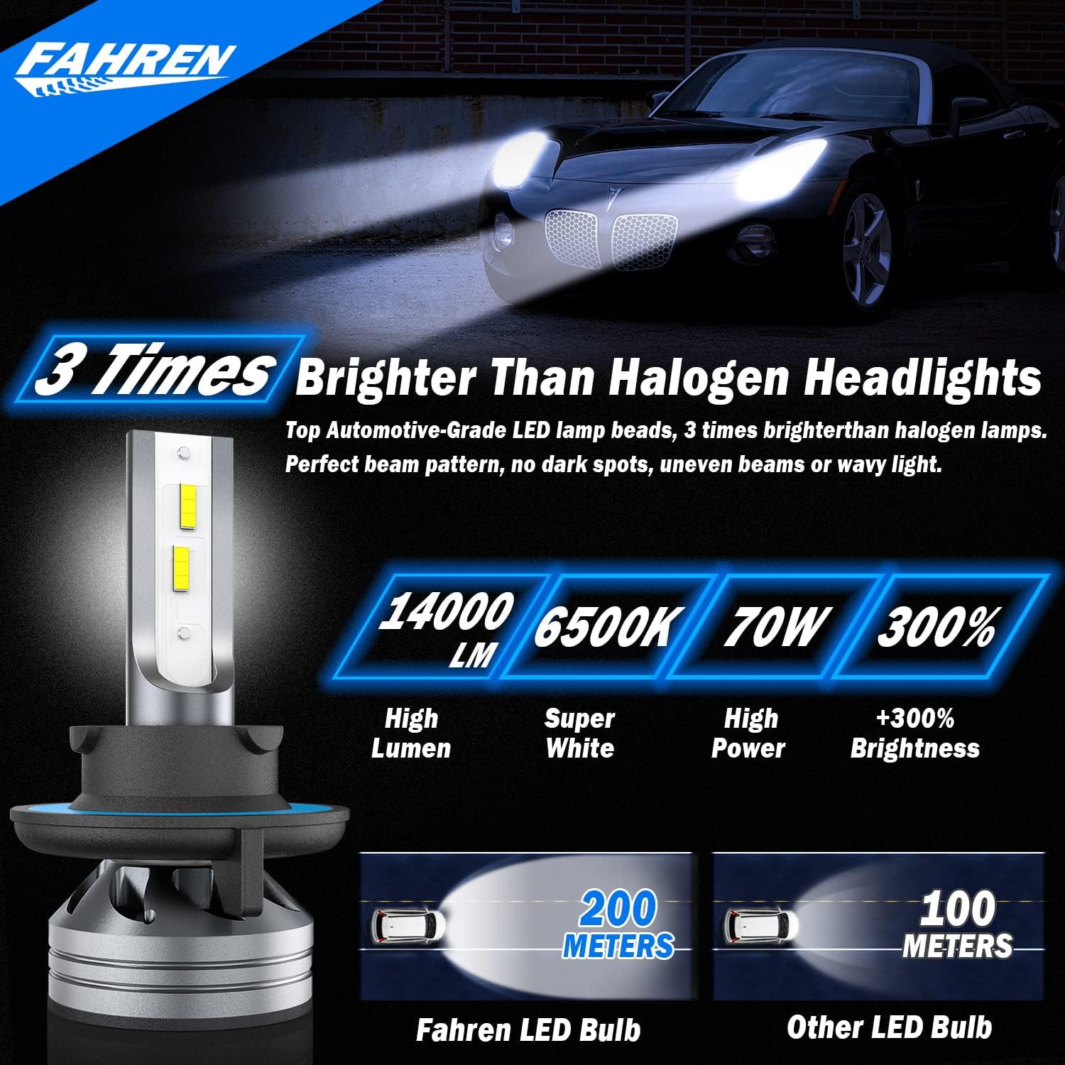 Fahren 9008/H13 LED Headlight Bulbs, 70W 14000LM Super Bright LED Headlights Conversion Kit 6500K Cool White IP68 Waterproof, Pack of 2 Pack of 2