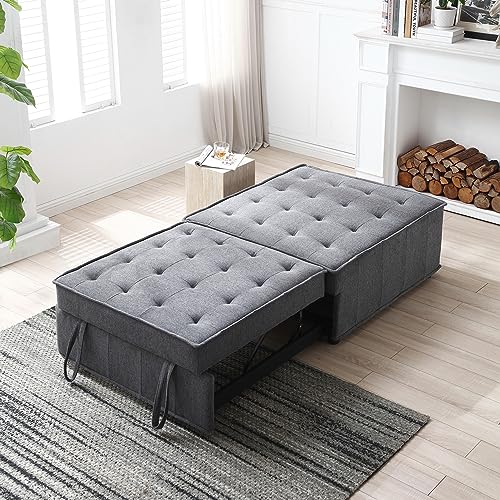 Bellemave 3 in 1 Pulling Out Ottoman Sofa Bed,Multipurpose Faux Leather Folding Ottoman Sleeper Couch Lounger,Convertible Adjustable Sleeper Chair for Living Room Apartment Office（Dark Grey PU）