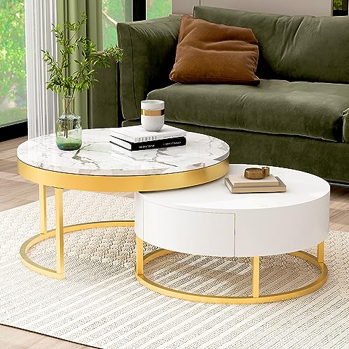 Modern Round Lift-top Nesting Coffee Tables with 2 Drawers for Living Room White & Natural