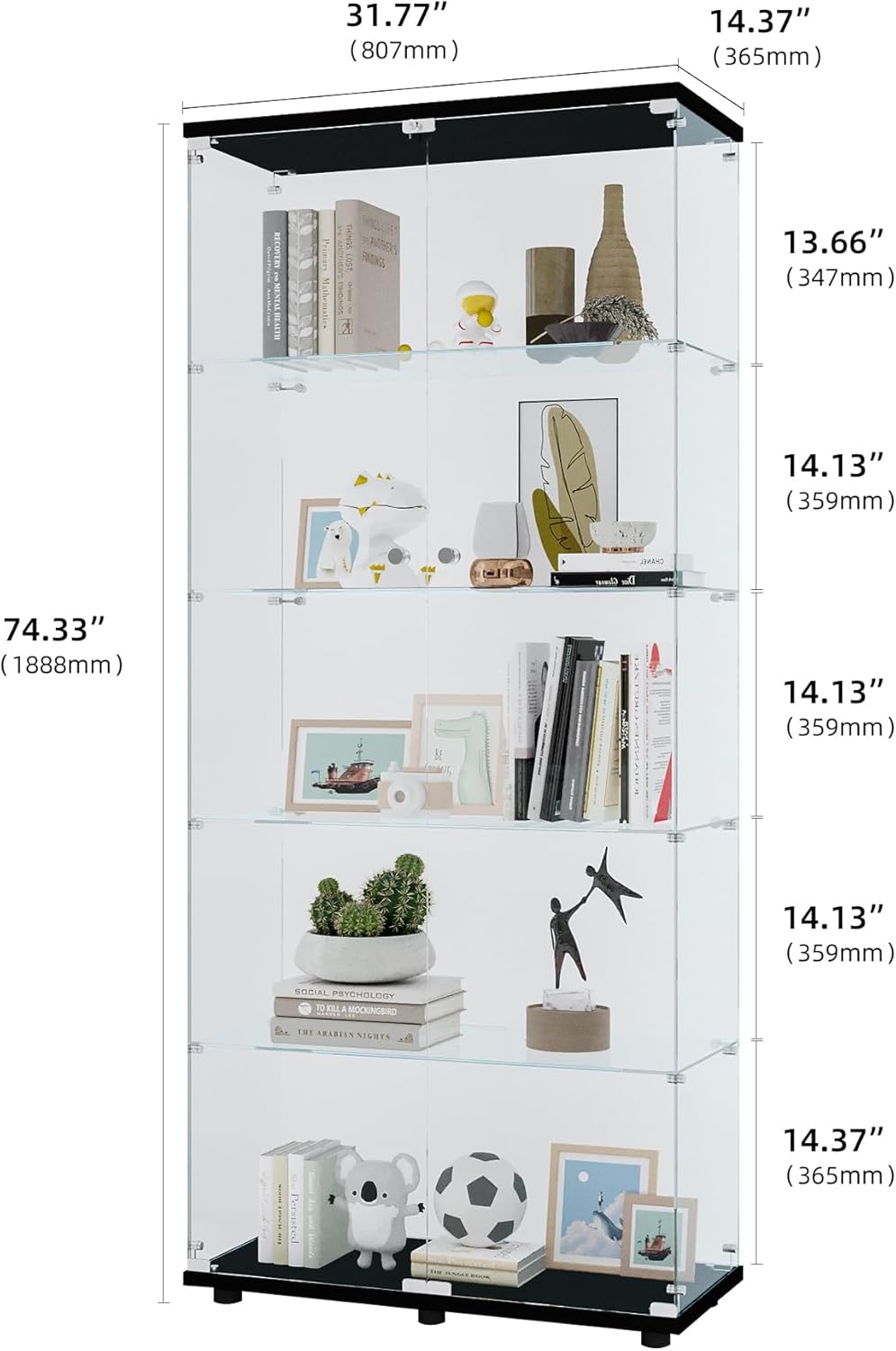 74 Inch High Storage Cabinets with Glass Doors, 5 Layers Glass Display Cabinet for Living Room, Floor Standing Glass Storage Shelf, Curio Display Cabinet Bookshelf for The Study, Black