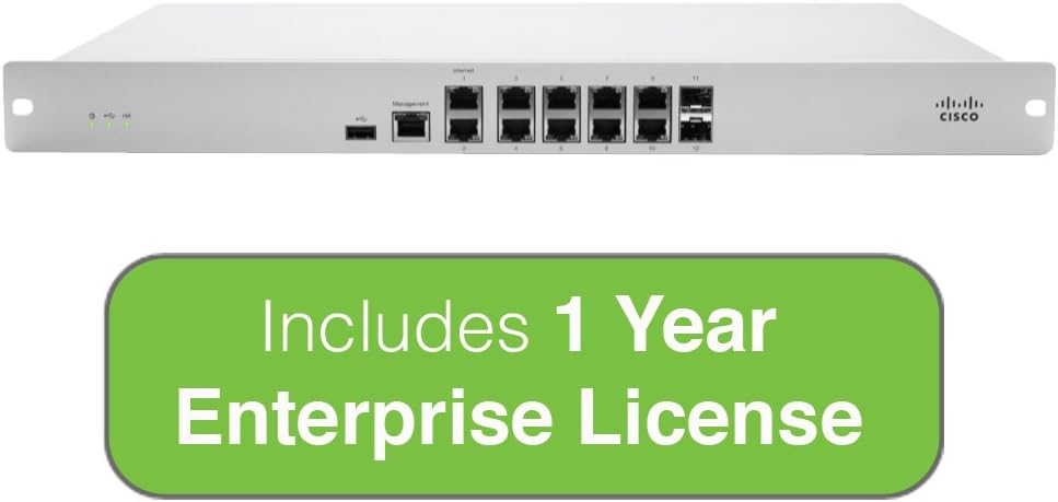 Cisco Meraki MX84 Security Appliance Bundle, 500Mbps FW, 10xGbE & 2xGbE SFP Ports with 1 Year Enterprise License