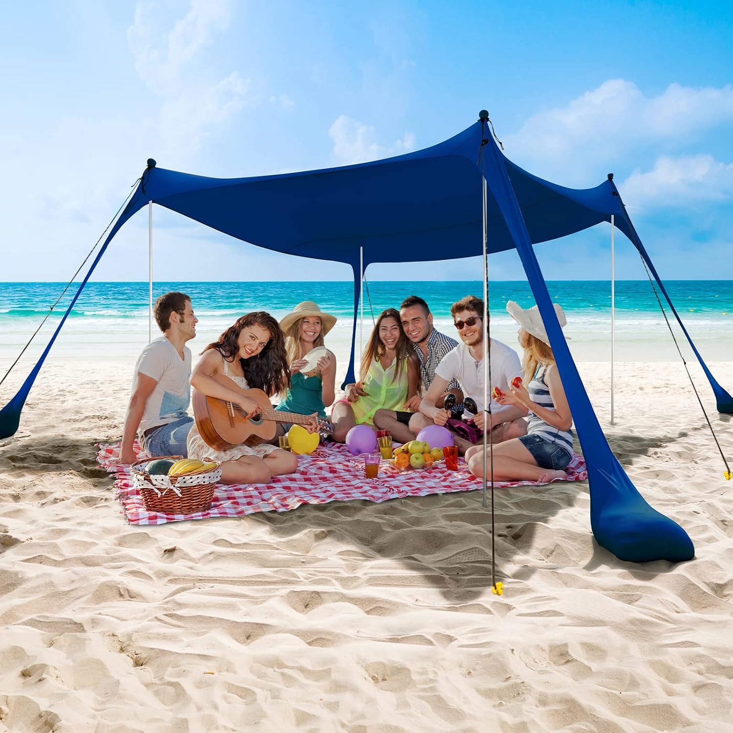 COMMOUDS Beach Tent Canopy with 4 Aluminum Poles, UPF50+ Pop Up Beach Sun Shade, Portable Beach Sun Shelter, Easy Set Up for Beach, Camping, Fishing, Backyard and Outdoor