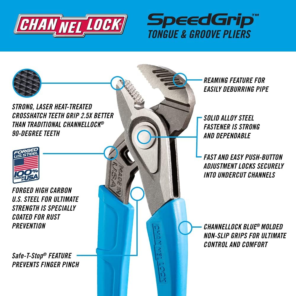 CHANNELLOCK GS-1X 2pc SPEEDGRIP Tongue & Groove Pliers Set | Made in USA | Forged High Carbon Steel Pack of 2